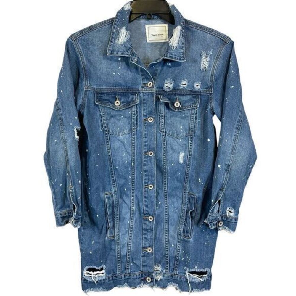 Queen Hearts Womens Long Denim Jacket‎ Blue Size Medium Distressed Grunge Rock